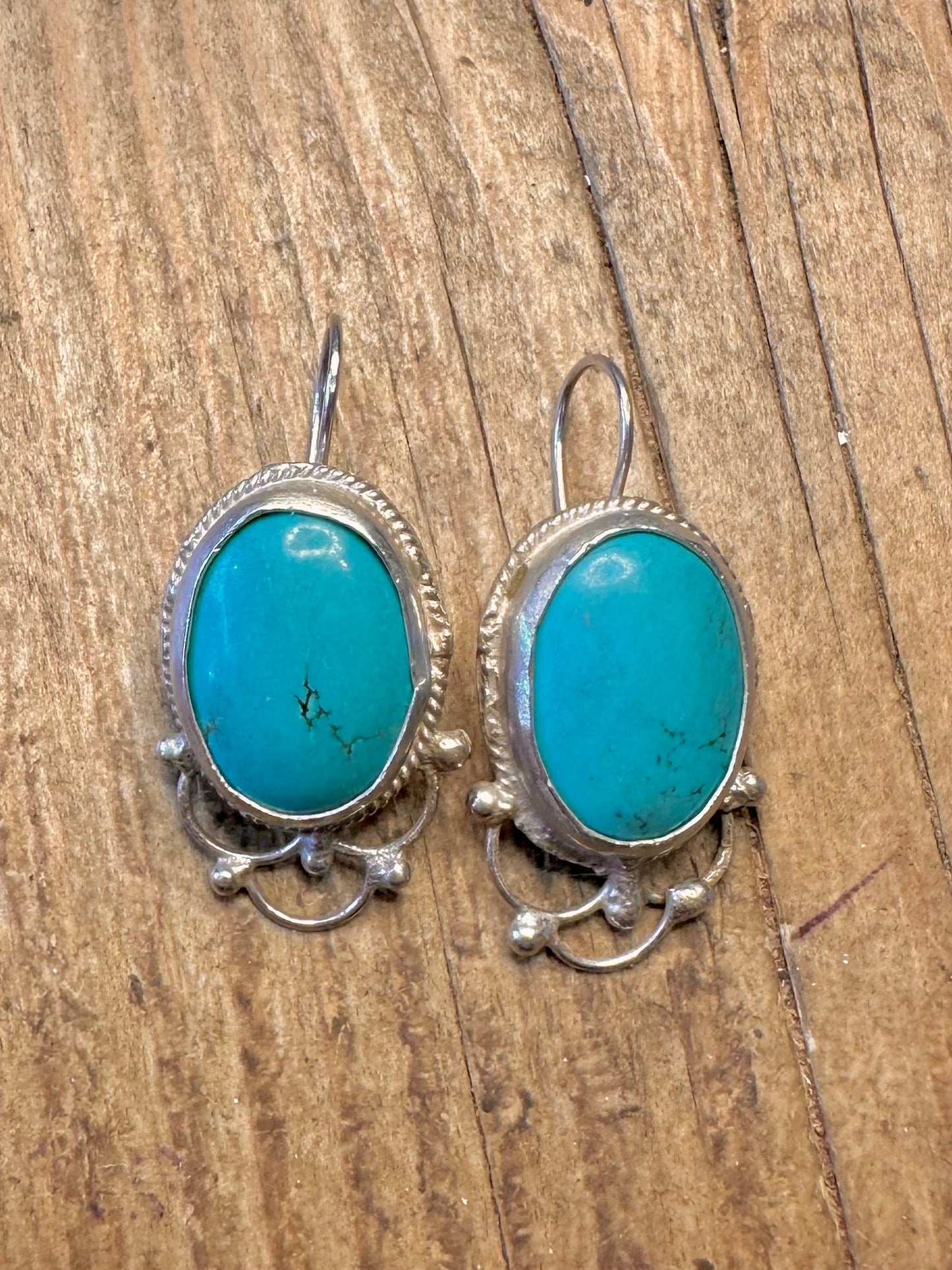 Large Decorative Turquoise Oval 925 Sterling Silver Earrings