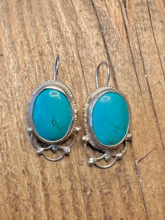 Large Decorative Turquoise Oval 925 Sterling Silver Earrings