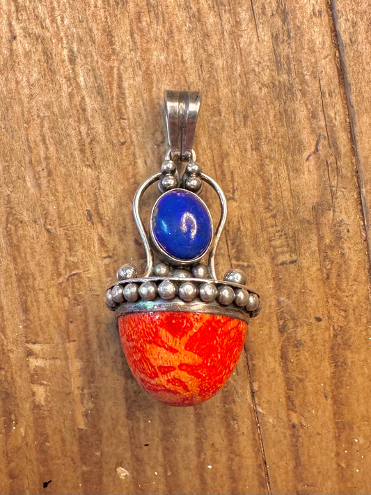 Ornate Lapis and Coral 925 Sterling Silver Pendant