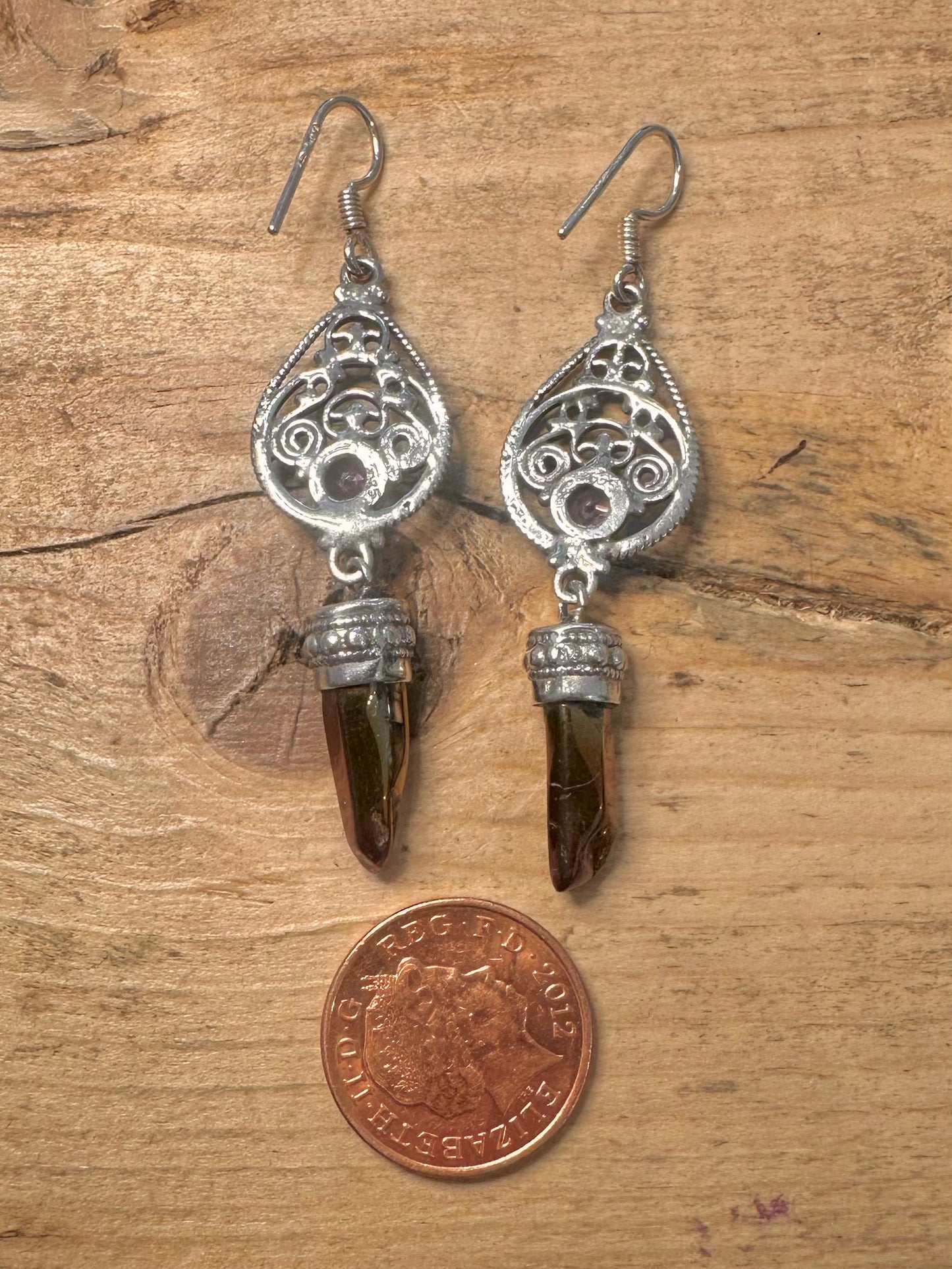 Vintage Amethyst and Multi Coloured Pillar Boho Filigree 925 Silver Earrings