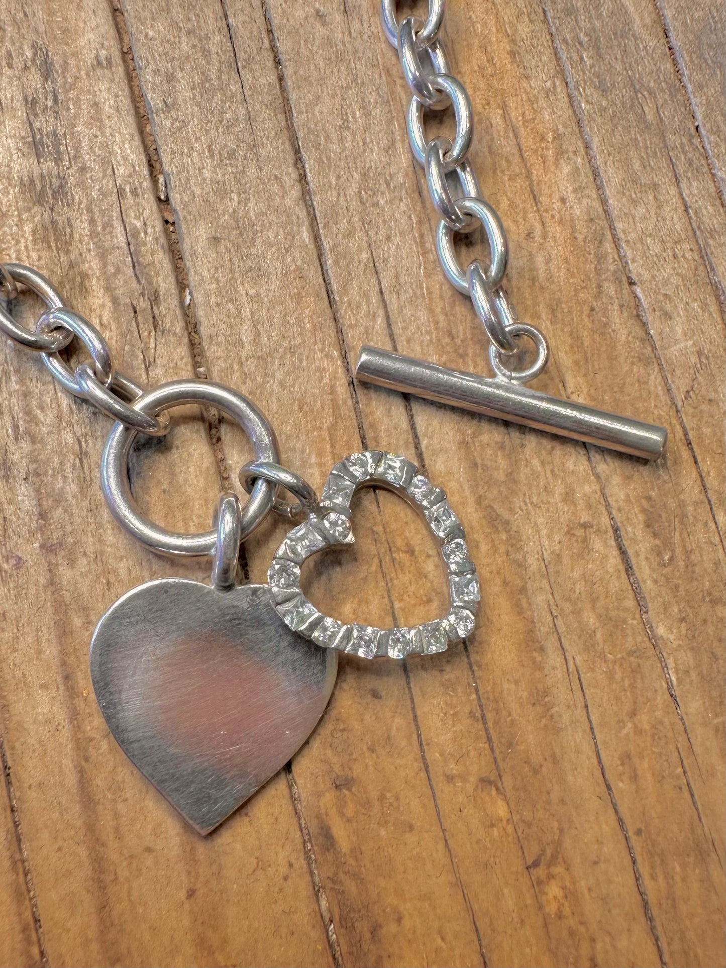 Belcher Heart CZ T Bar Clasp 925 Sterling Silver 17 inch Necklace