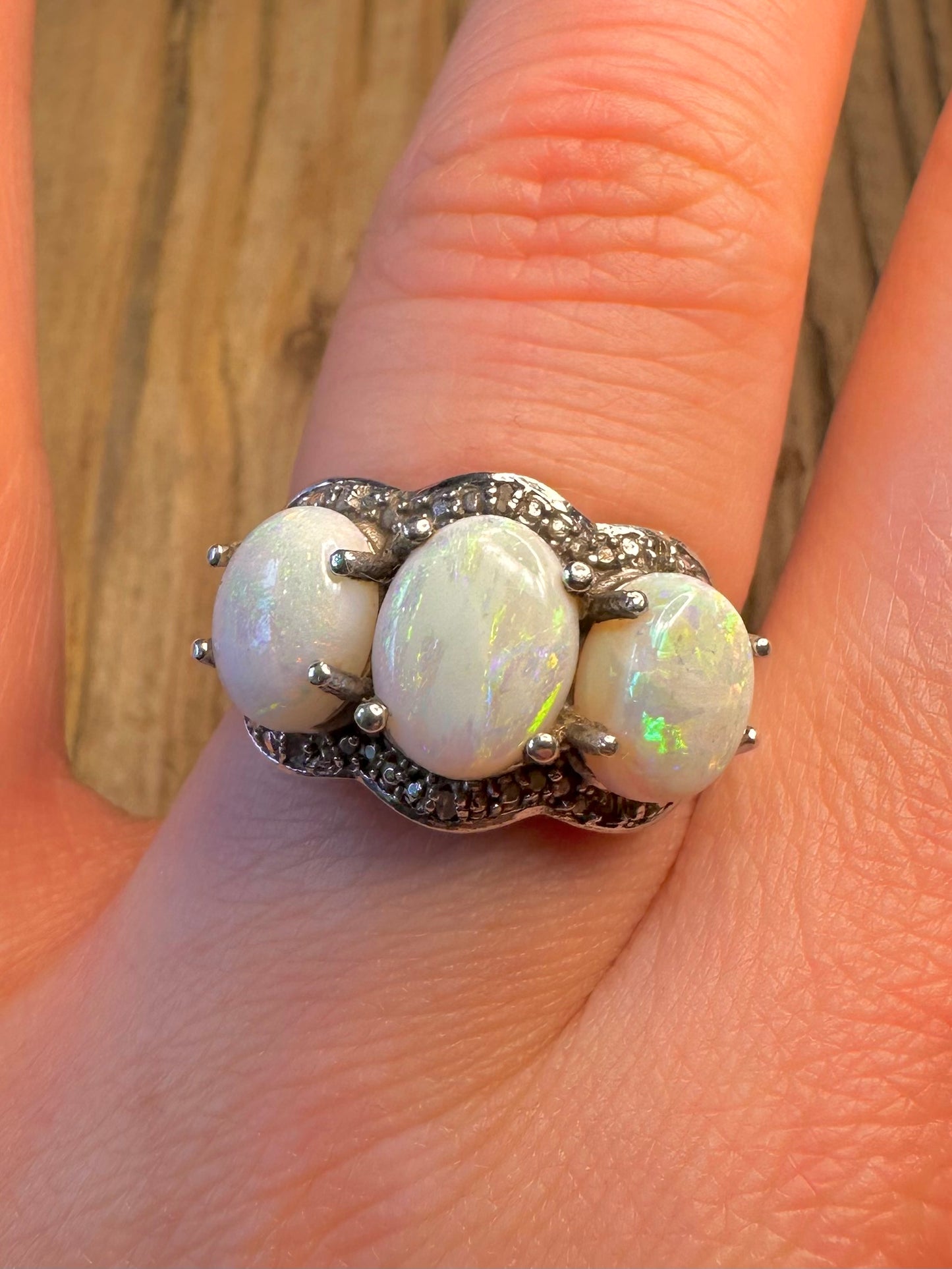 Three Opal Ornate 925 Sterling Silver Size O1/2 Ring