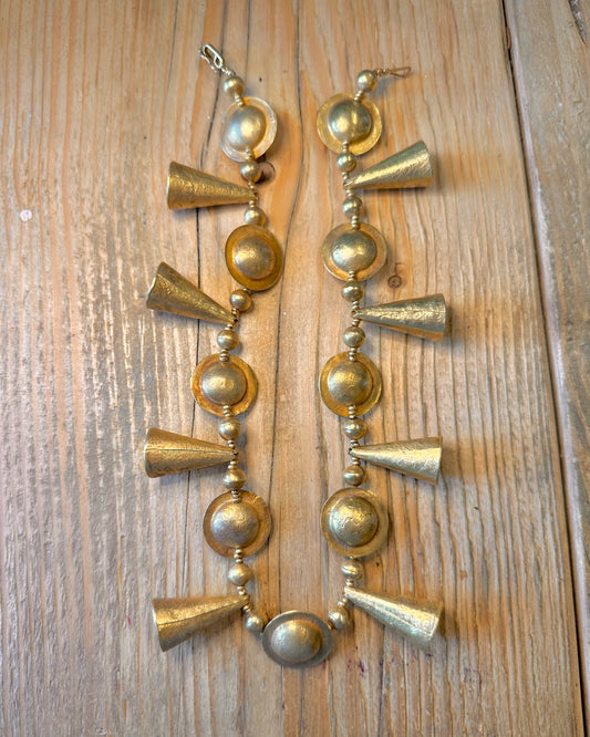 Etruscan Revival Disc and Cone Arrow Gold on 925 Sterling Silver Clear Bead String 17.8 inch Necklace