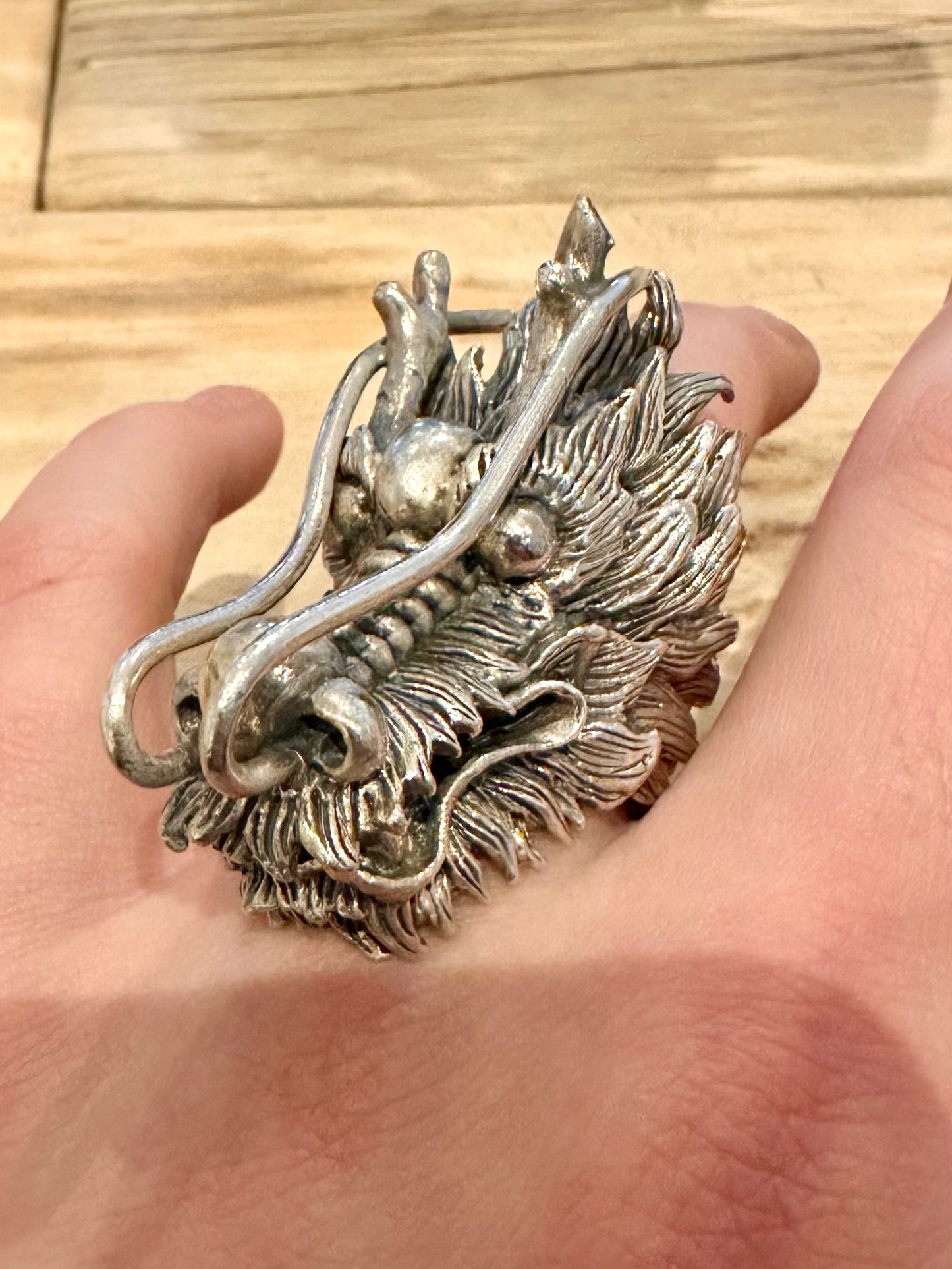 Vintage Ancient Chinese Dragon Head Solid 925 Silver Size S Ring