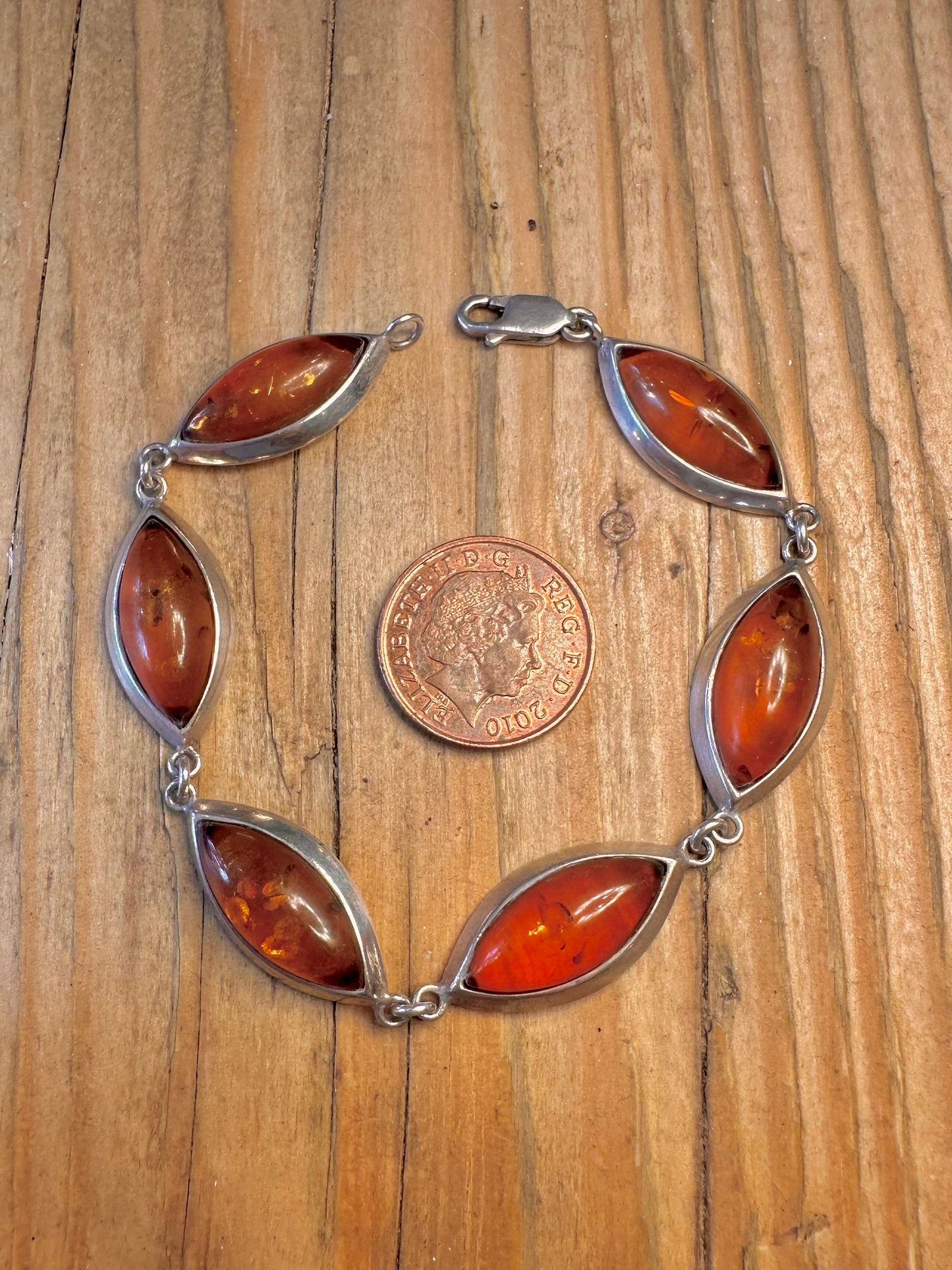 Amber Marquise Shaped 925 Sterling Silver 7.5 inch Bracelet