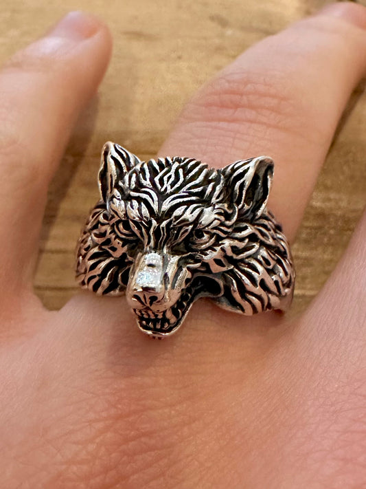 Vintage Textured Wolf 925 Silver Size Y Ring