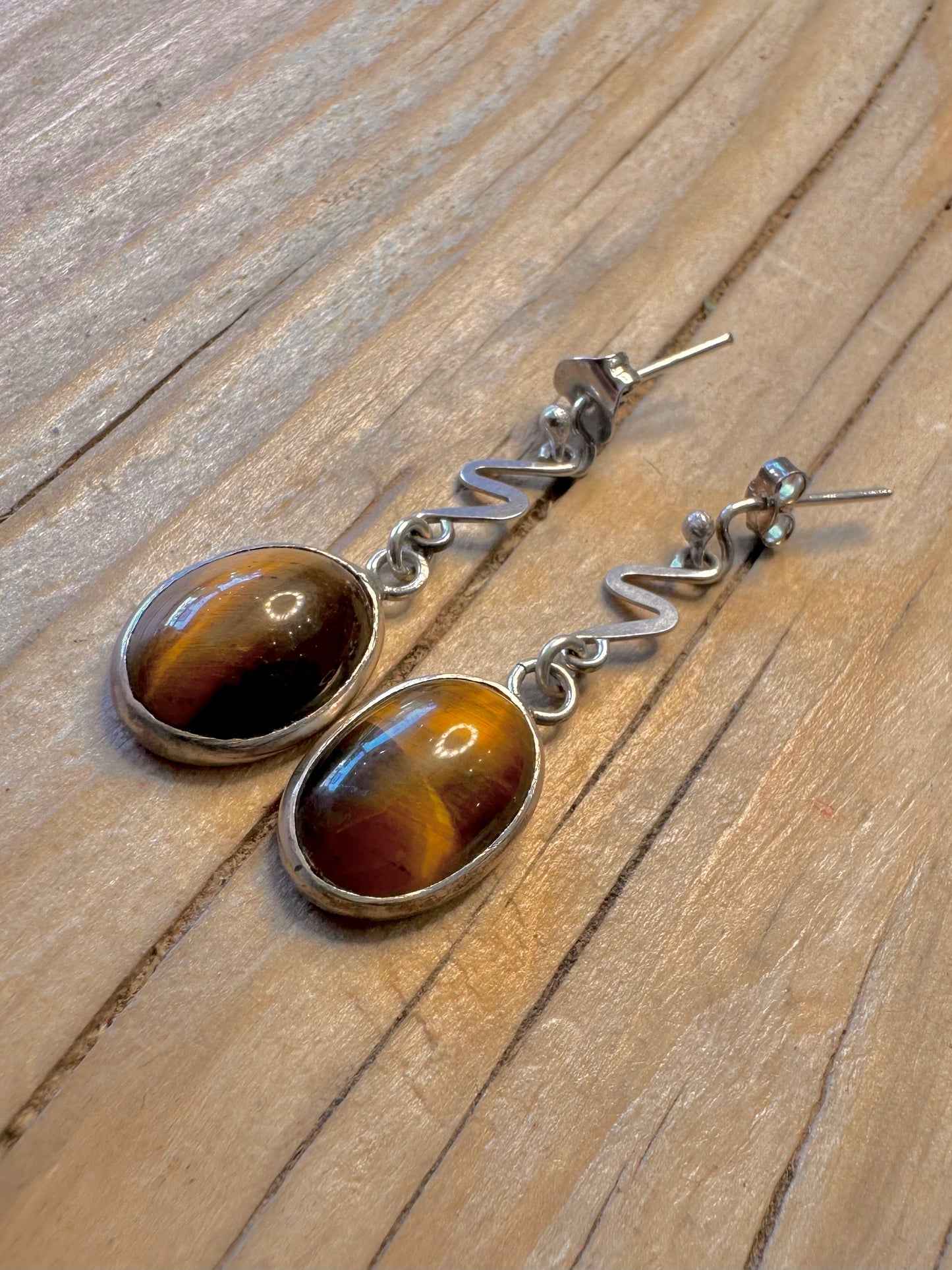 Vintage Zig Zag Tigers Eye 925 Silver Earrings