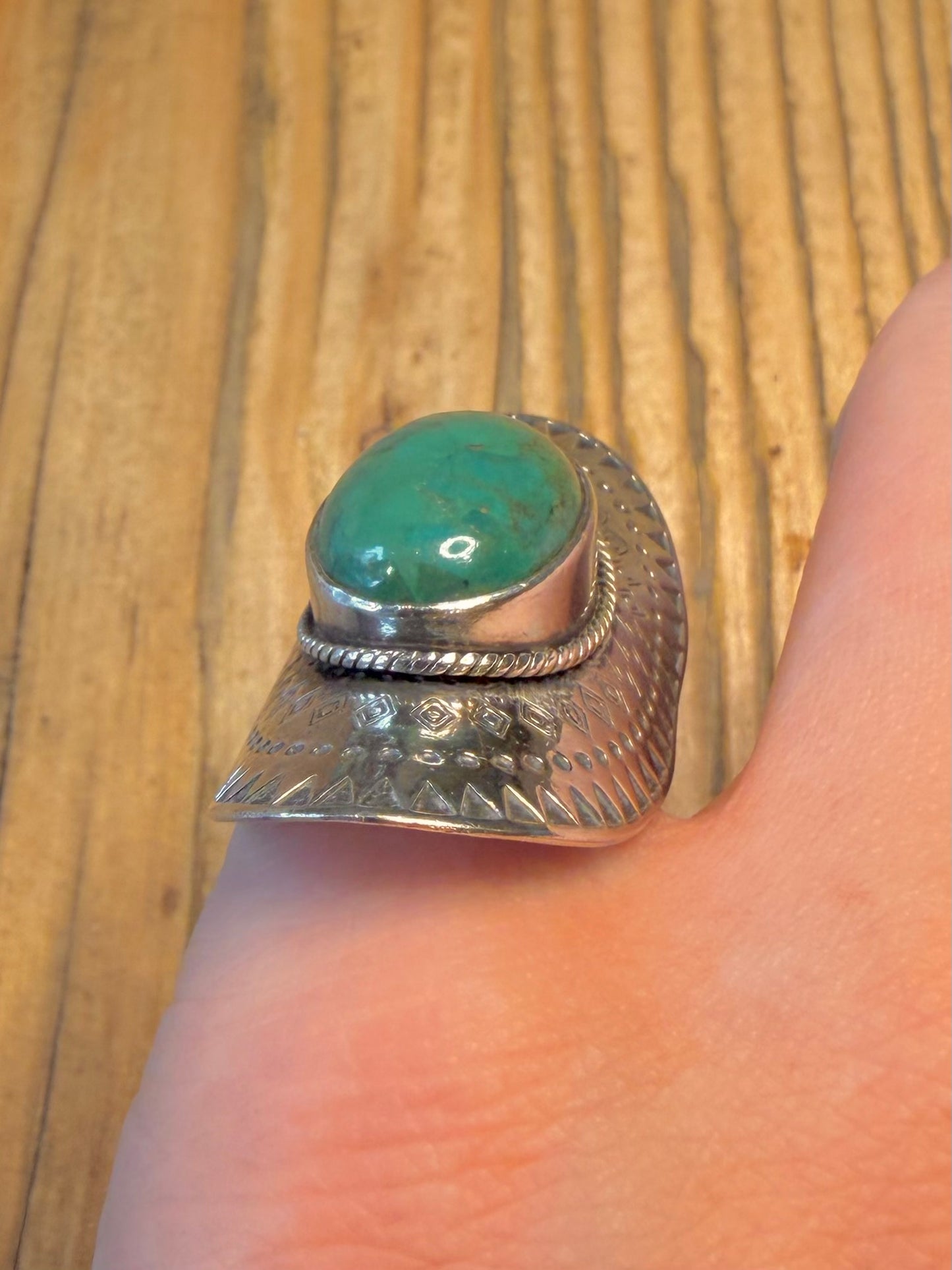 Long Southwestern Turquoise Etched 925 Sterling Silver Size M1/2 Ring