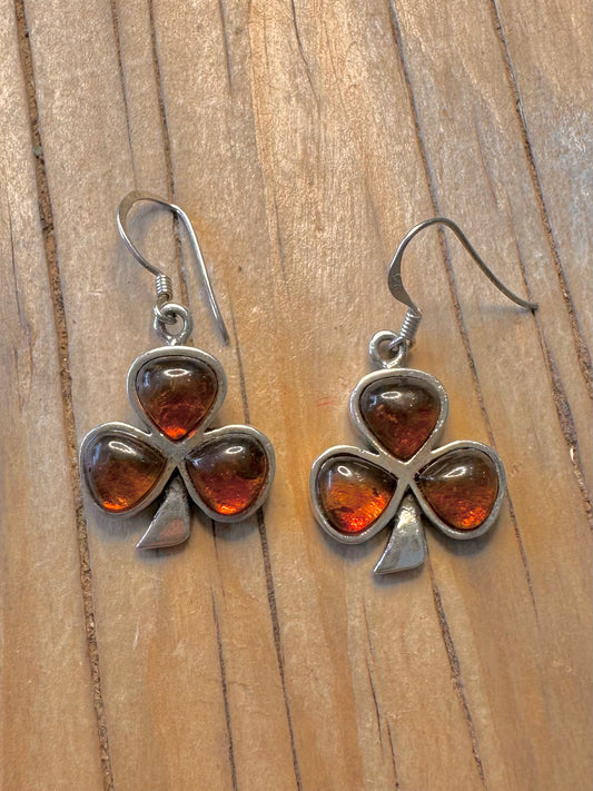 Vintage Amber Three Leaf Clover 925 Silver Earrings