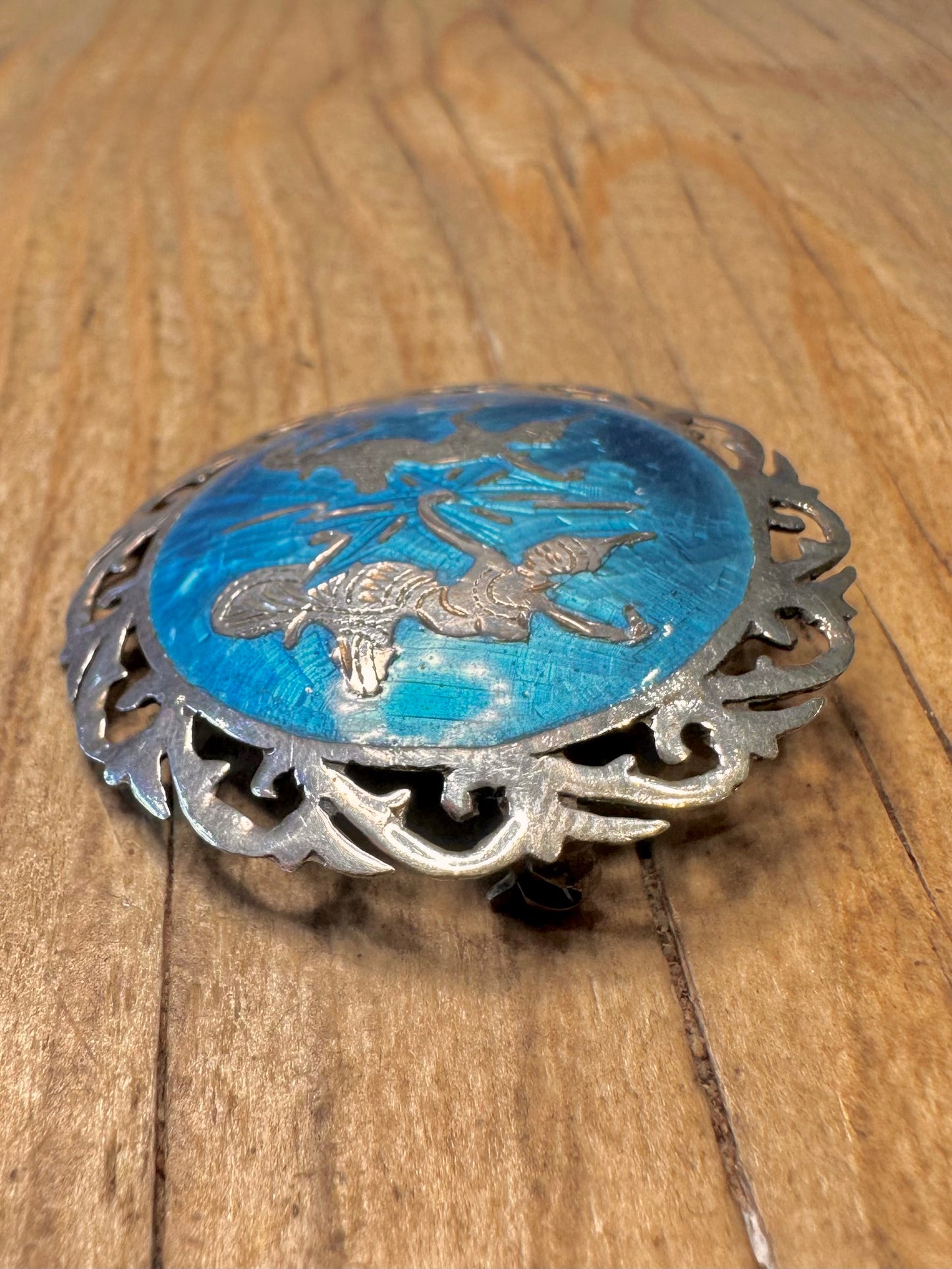 Vintage Siam Blue Enamel Deities Mekkala and Ramasoon 925 Sterling Silver Brooch