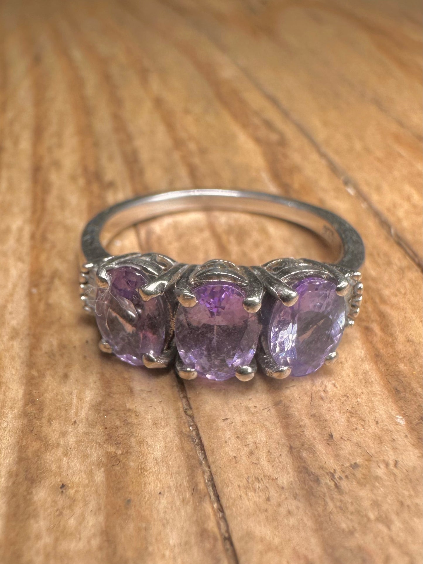 Vintage Amethyst and White Stone 925 Sterling Silver Size O1/2 Ring