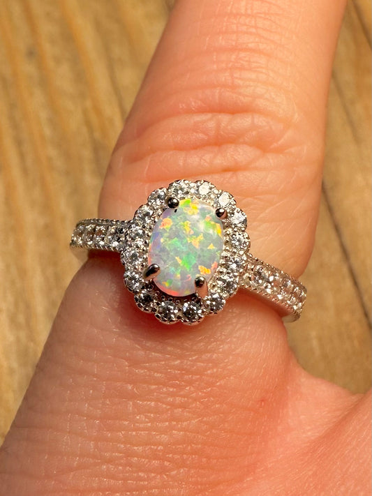 Modern Opal and White CZ 925 Sterling Silver Size J Ring
