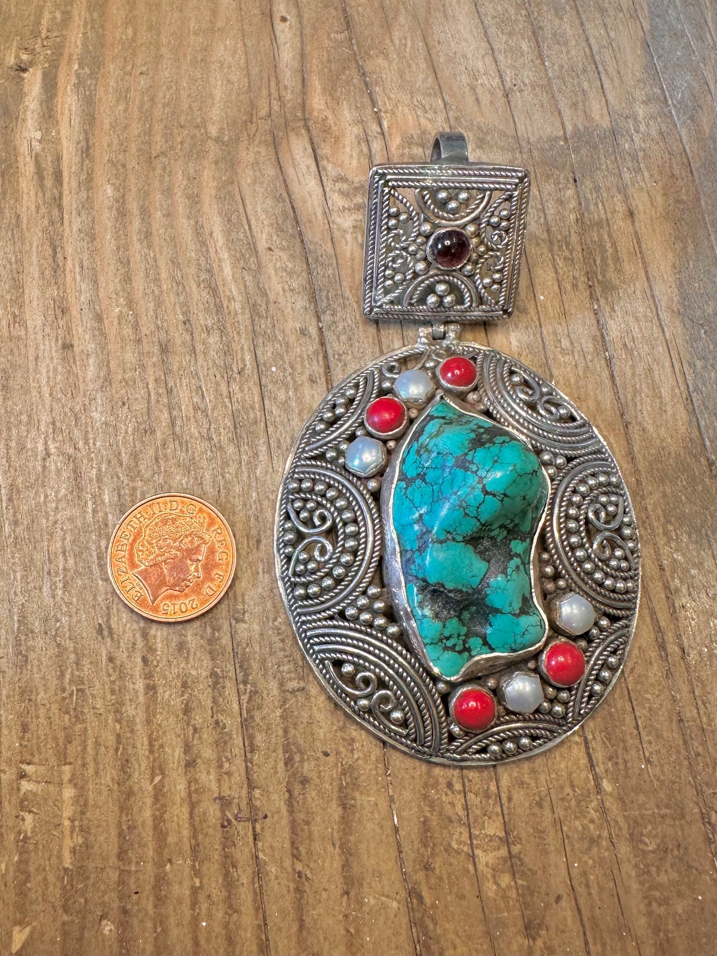 Large Turquoise Coral Amethyst and Pearl Indian Ornate 925 Sterling Silver Pendant
