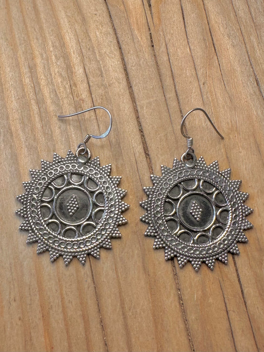 Vintage Tribal Sun Textured 925 Silver Earrings