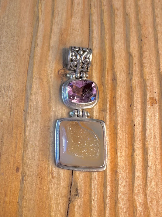 Purple Stone and Druzy Decorative 925 Sterling Silver Pendant