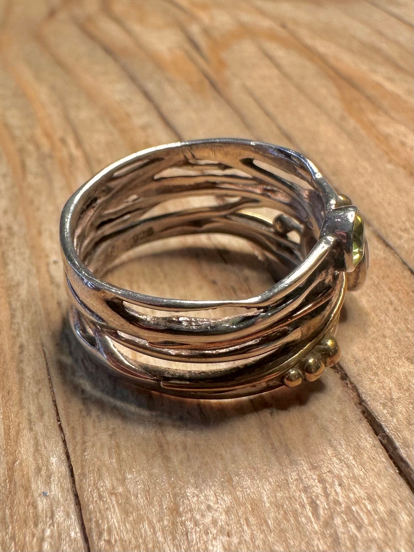 Abstract Multi Gemstone Gold Plate Parts 925 Sterling Silver Size R Ring