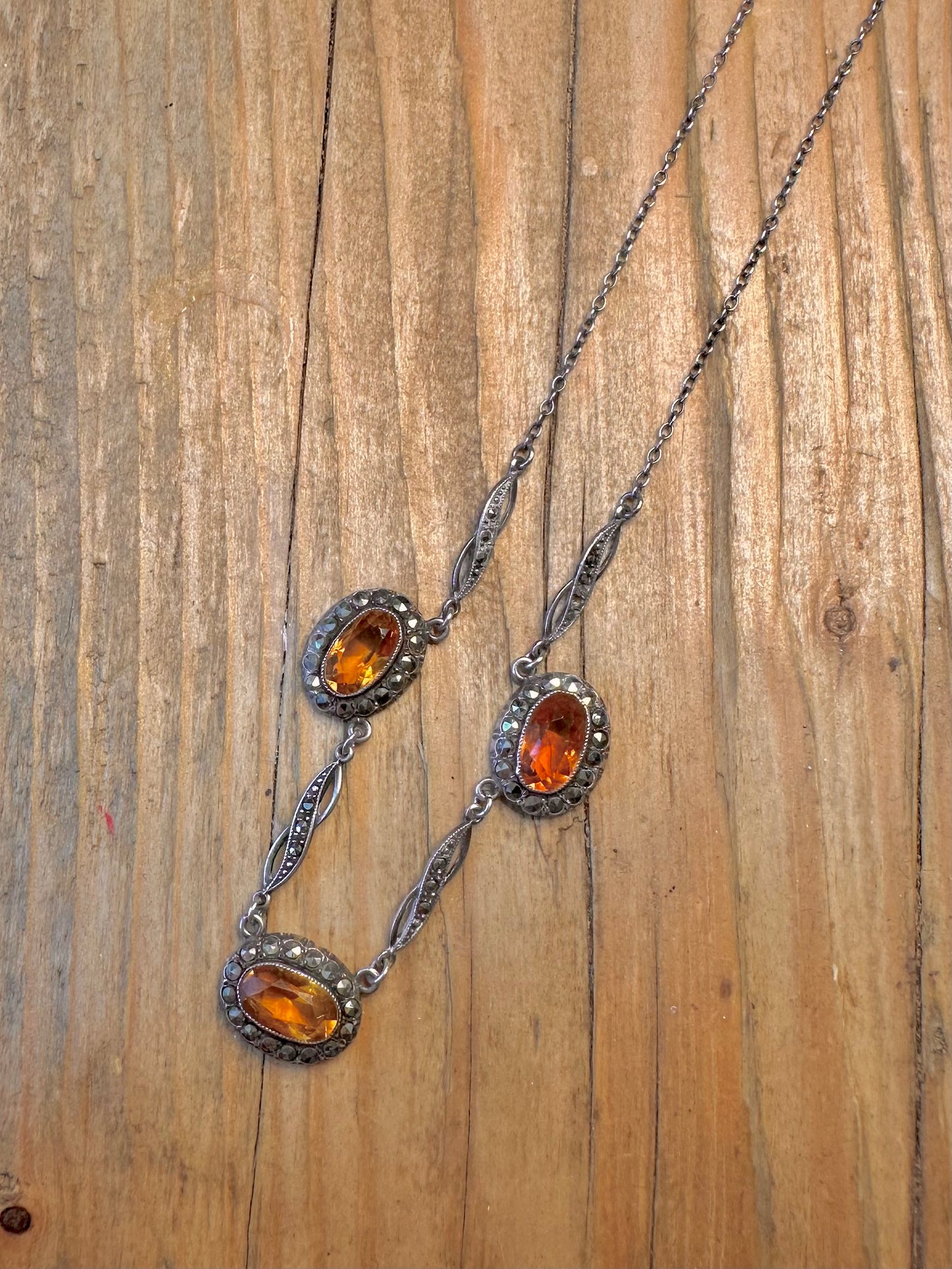 Art Deco Style Citrine Marcasite 925 Sterling Silver 15.25 inch Necklace