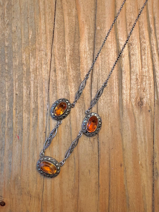 Art Deco Style Citrine Marcasite 925 Sterling Silver 15.25 inch Necklace