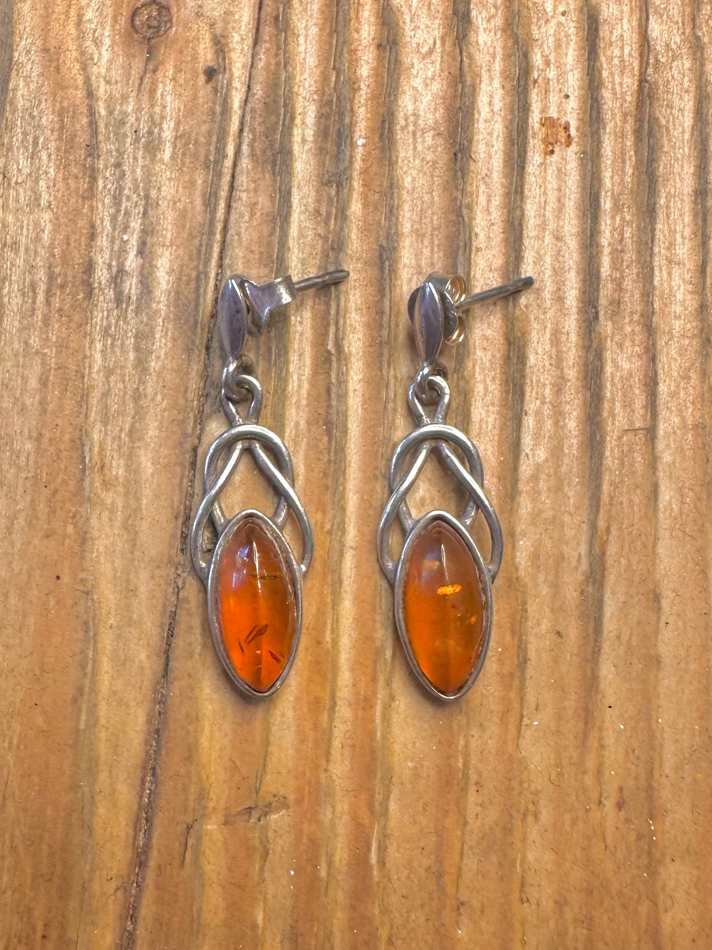 Amber Celtic Dangle 925 Sterling Silver Earrings