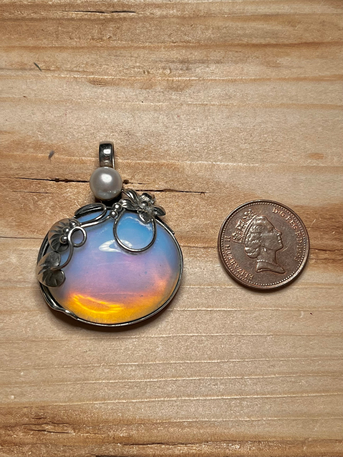 Opalite and Pearl Floral 925 Sterling Silver Pendant