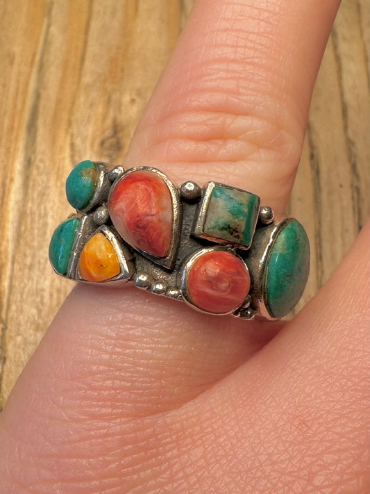 Vintage Multi Gemstone Navajo Style Band 925 Sterling Silver N Ring