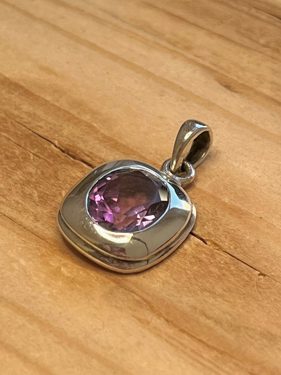 Rounded Faceted Square Amethyst 925 Sterling Silver Pendant