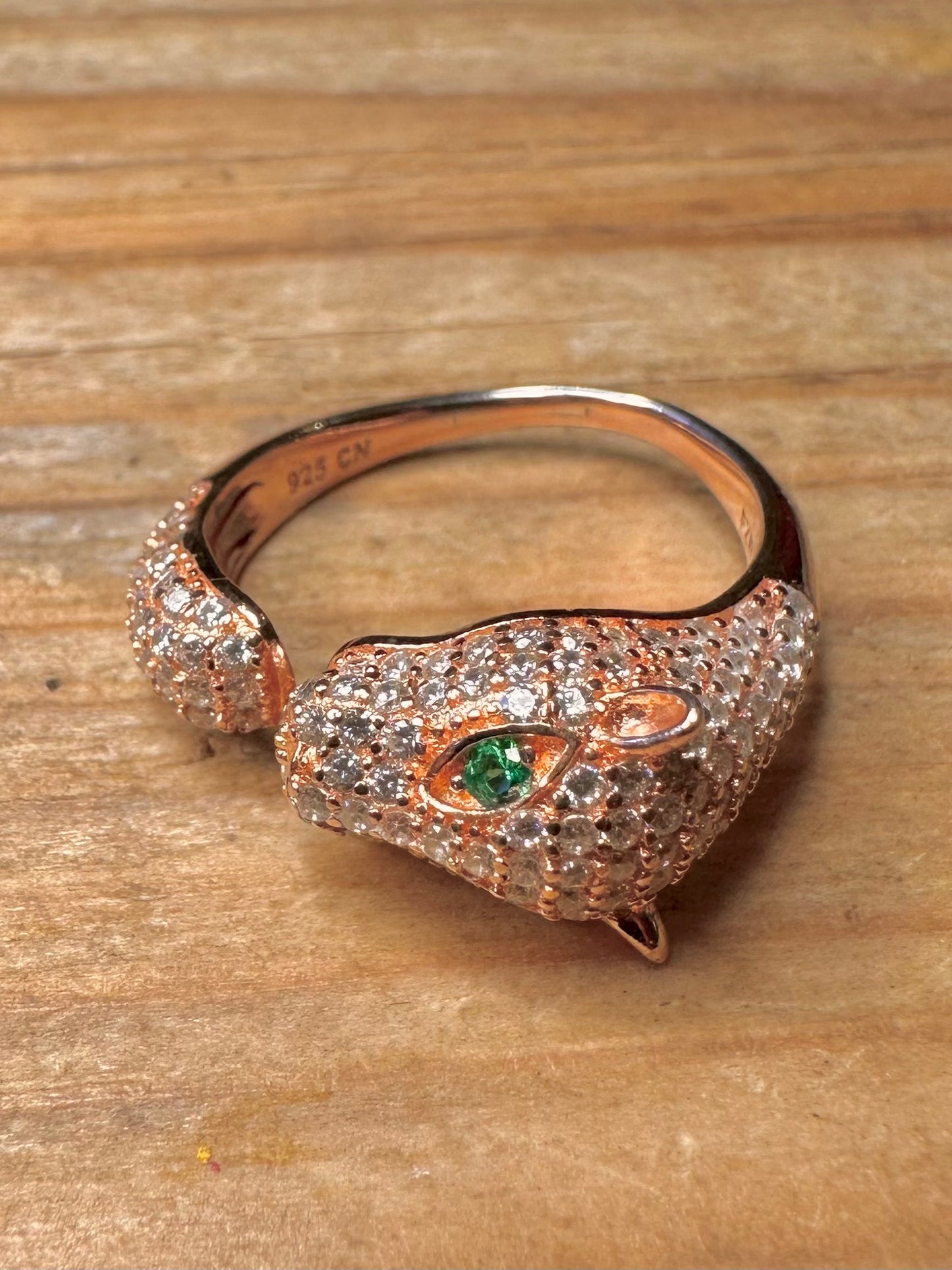 Modern Panther White and Green Stone Rose Gold Toned 925 Sterling Silver Size Q Ring