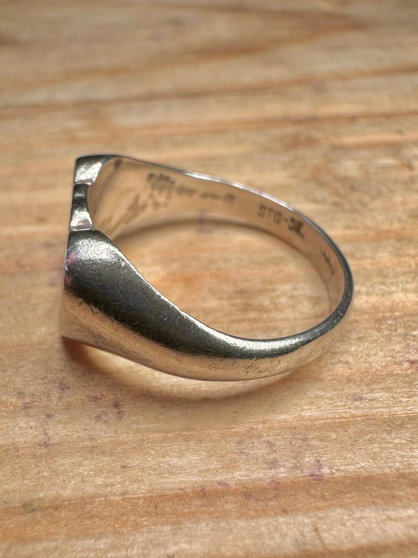Vintage Double Heart Engraved Signet 925 Sterling Silver Size M Ring