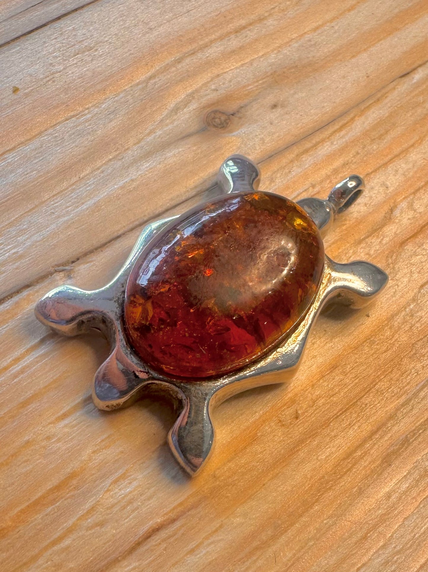 Vintage Abstract Amber Turtle 925 Silver Pendant