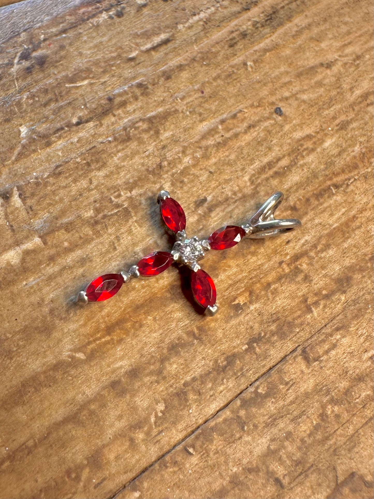 Red and White Stone Cross 925 Sterling Silver Pendant