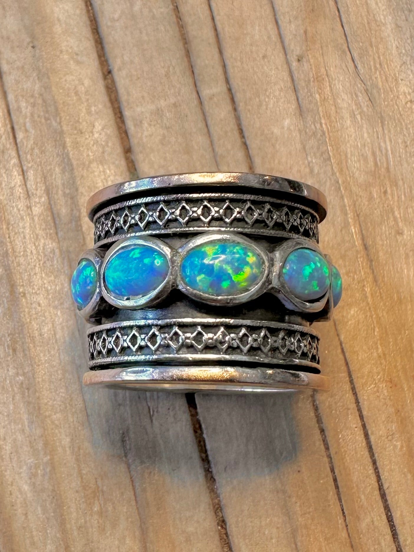 Vintage Opal Spinner Gold Plated Edge and 925 Silver Size L Ring