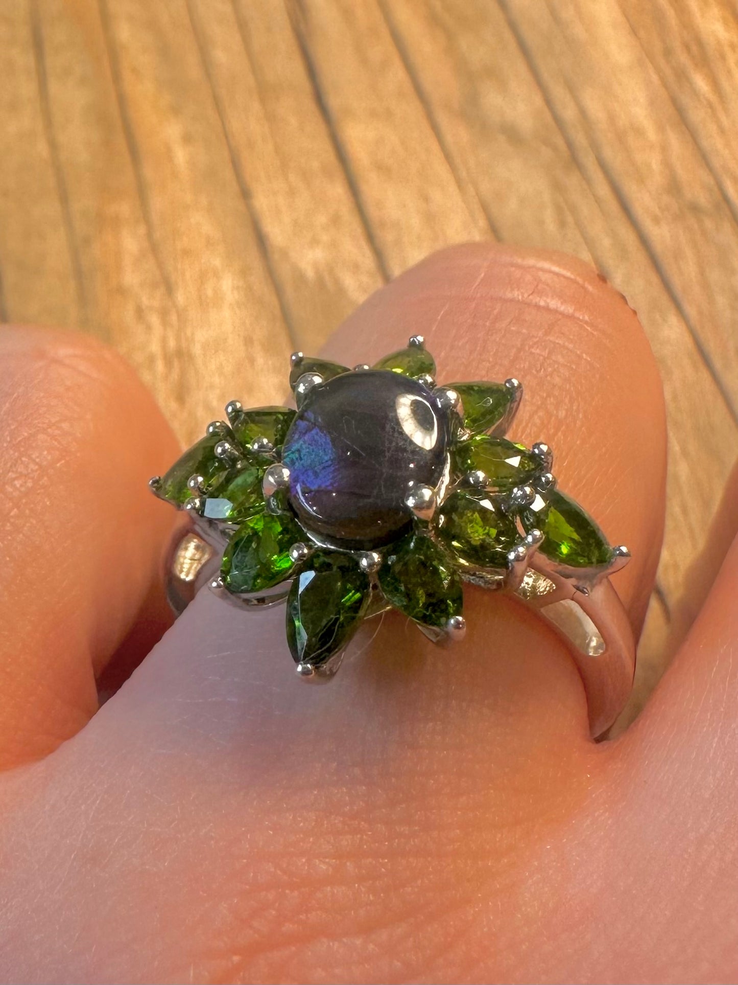Vintage Dark Simulated Opal and Green Stones 925 Sterling Silver Size S Ring