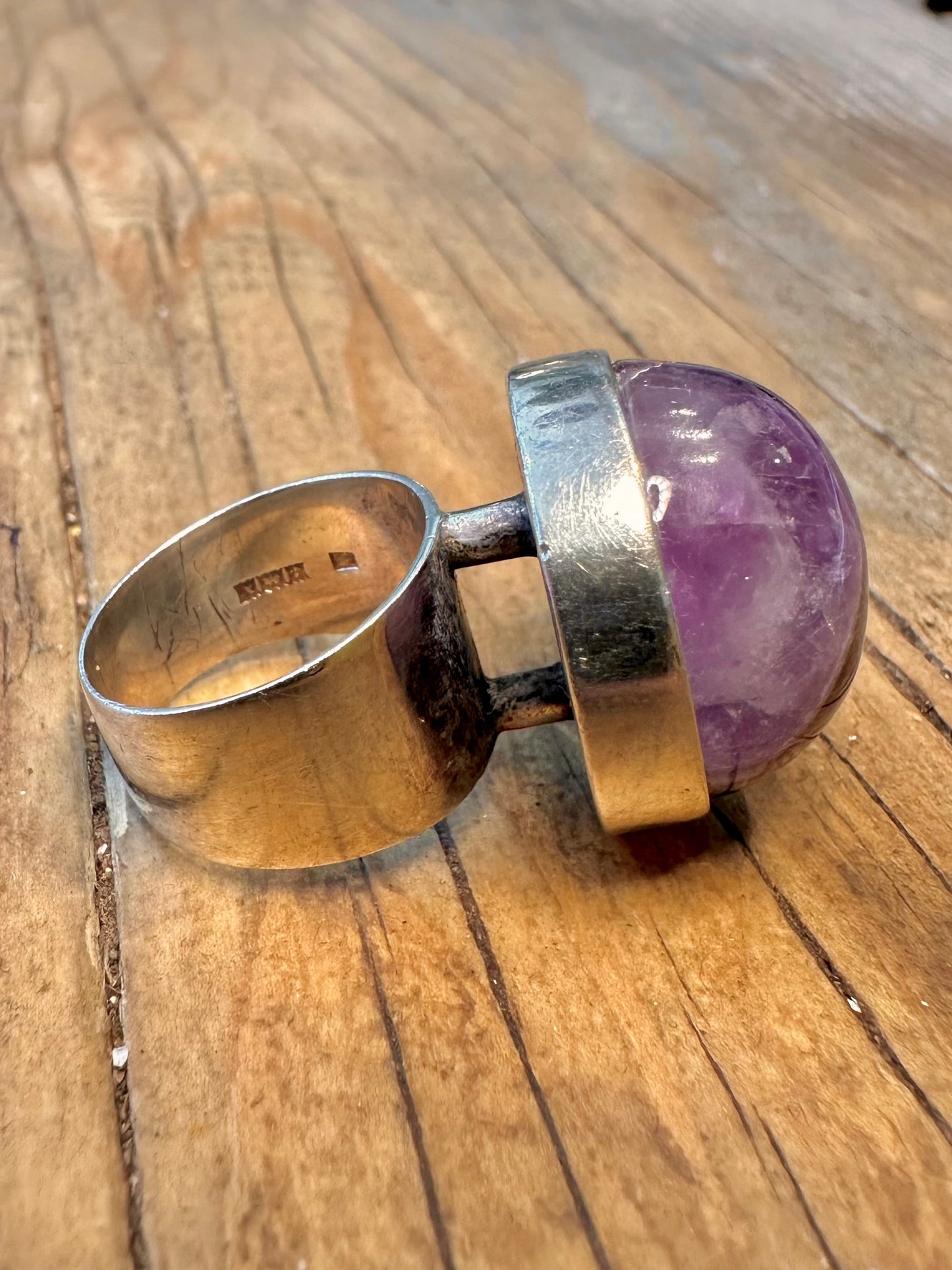 Amethyst Spherical 1972 Modernist 925 Sterling Silver Size L Ring