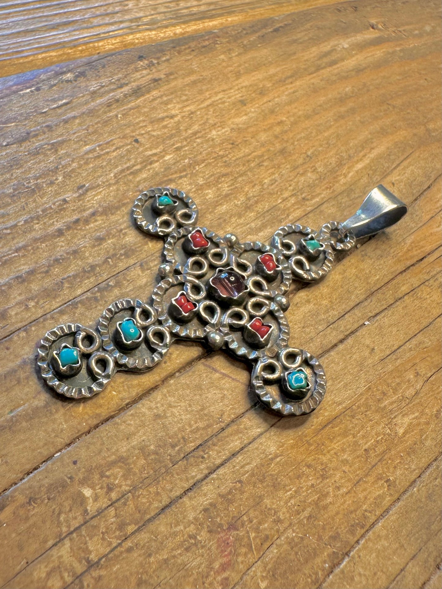 Coral Turquoise Amethyst Cross Mexican 925 Sterling Silver Pendant