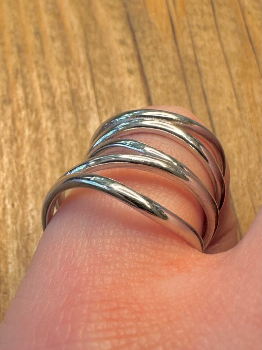 Abstract Multi Layer Long 925 Sterling Silver Size N Ring
