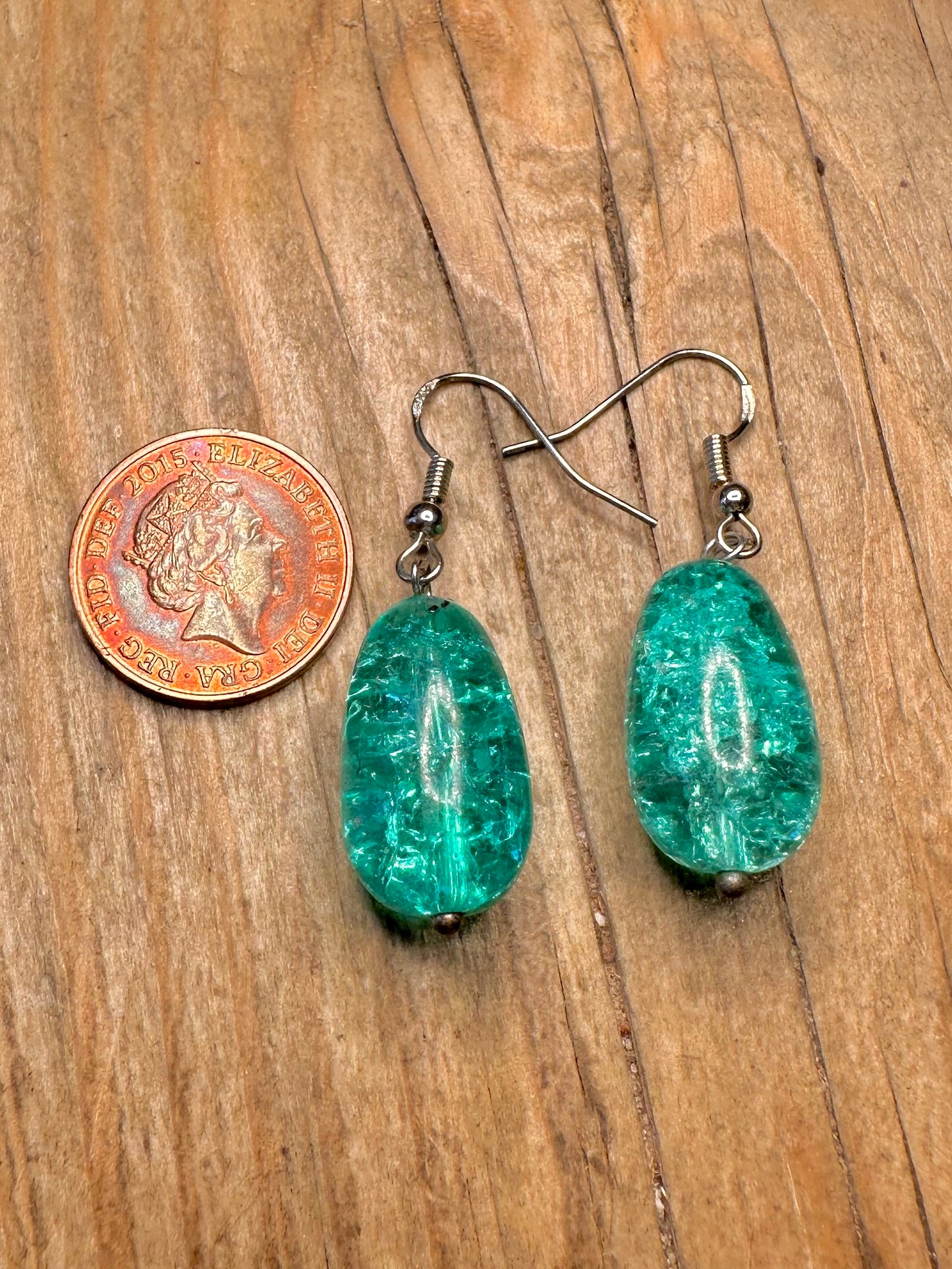 Abstract Teal Crackled Glass Dangle 925 Sterling Silver Earrings