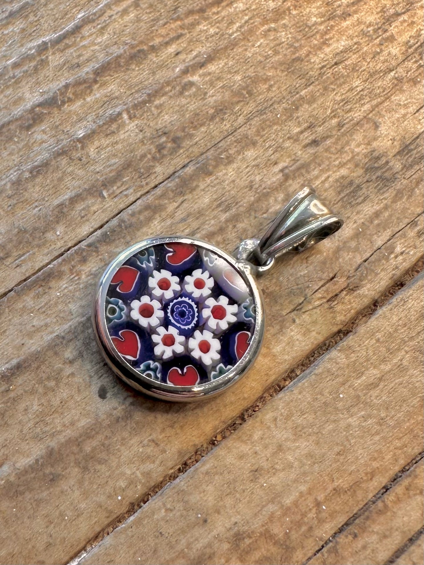 Millefiori Glas Blau Rot Weiß Italien 925 Sterling Silber Anhänger