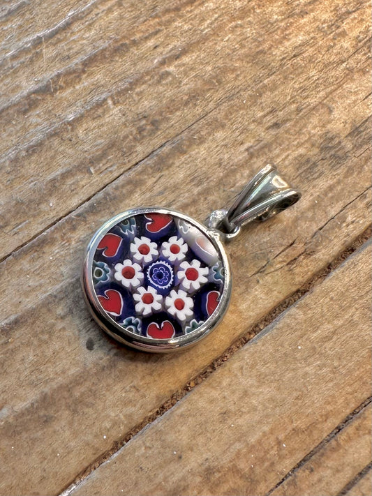 Millefiori Glass Blue Red White Italy 925 Sterling Silver Pendant