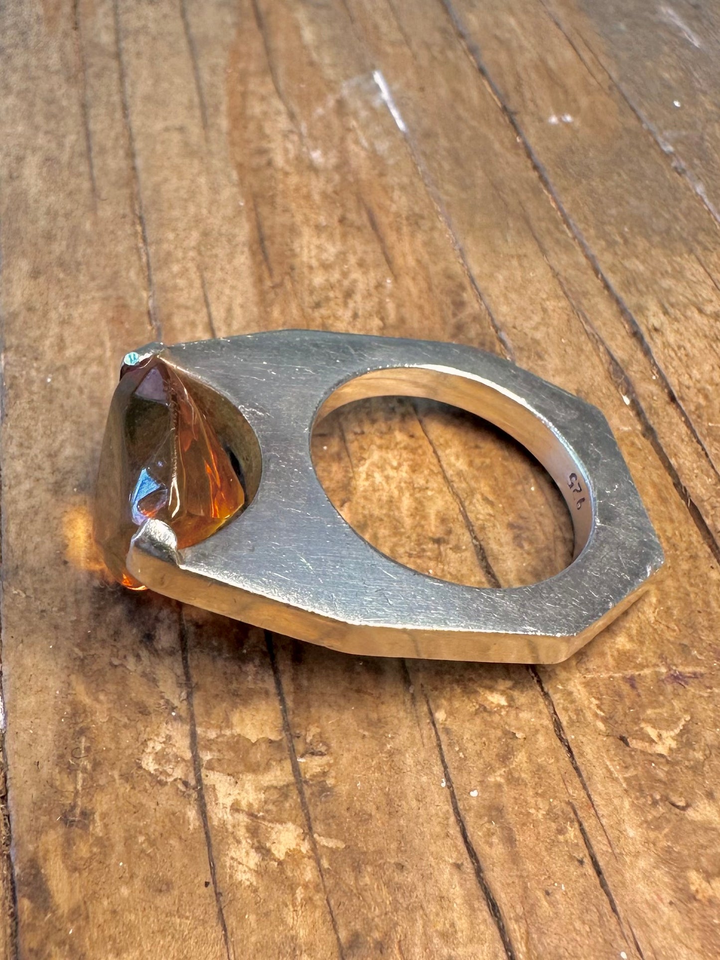 Modernist Faceted Citrine 925 Sterling Silver O1/2 Ring