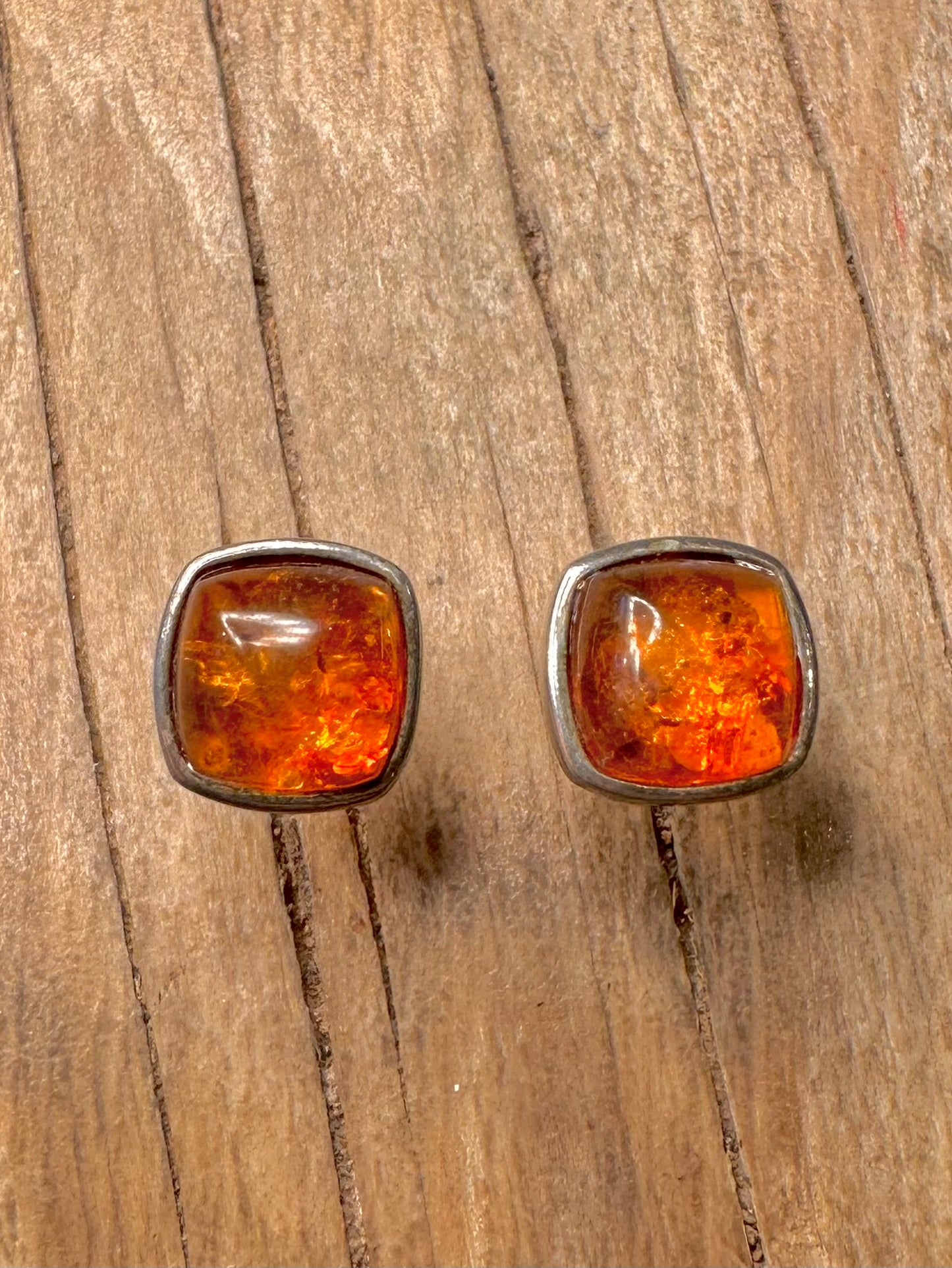 Abstract Square Amber Studs 925 Sterling Silver Earring
