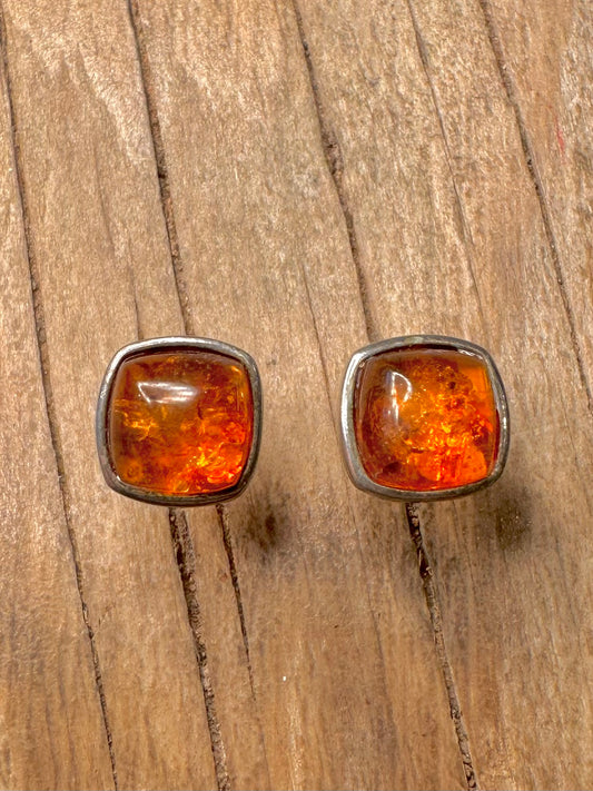 Abstract Square Amber Studs 925 Sterling Silver Earring