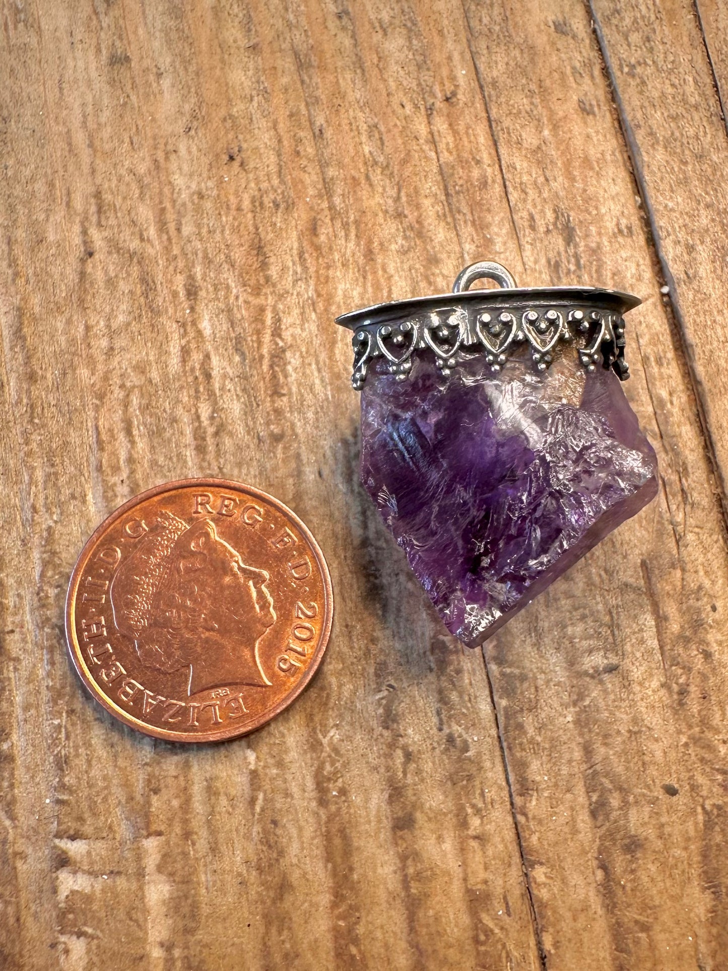 Raw Amethyst Ornate Mount Silver Pendant