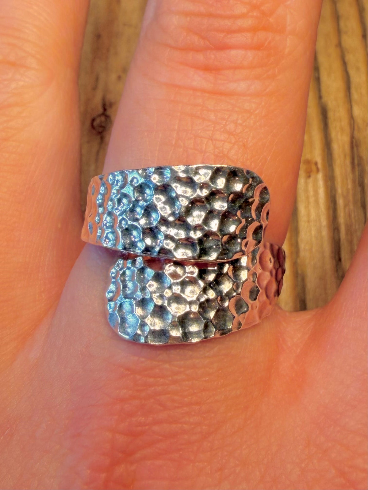 Overlapping Hammered 925 Sterling Silver Size R1/2 Adjustable Ring