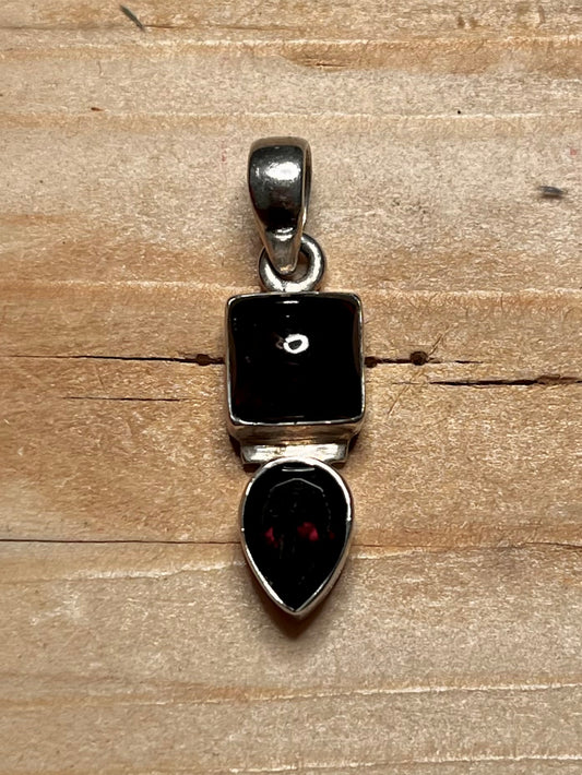 Dark Garnet Square and Tear Drop 925 Sterling Silver Pendant