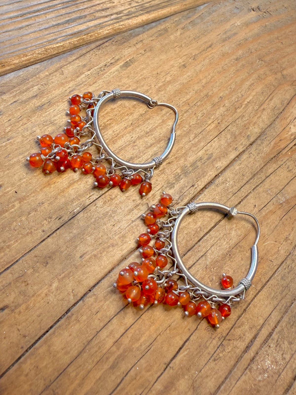 Orange Beads Dangle Hoops 925 Sterling Silver Earrings