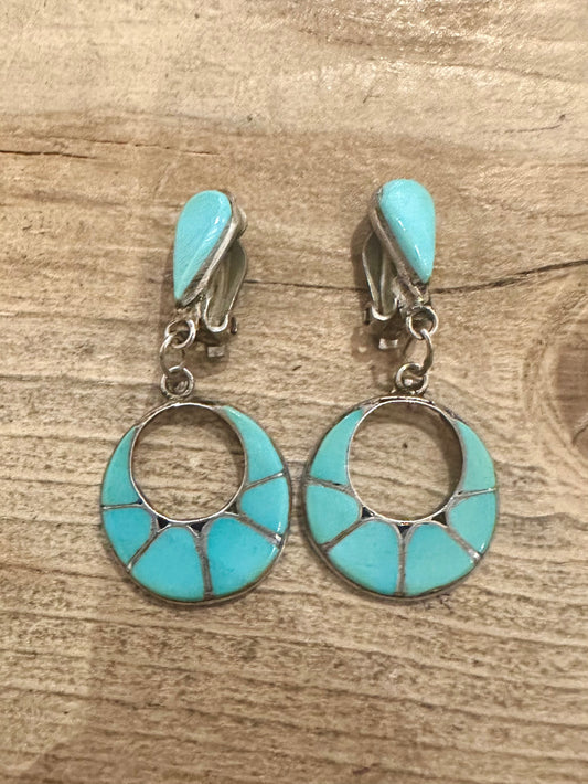 Vintage Zuni Navajo Turquoise Dangle Clip On 925 Silver Earrings