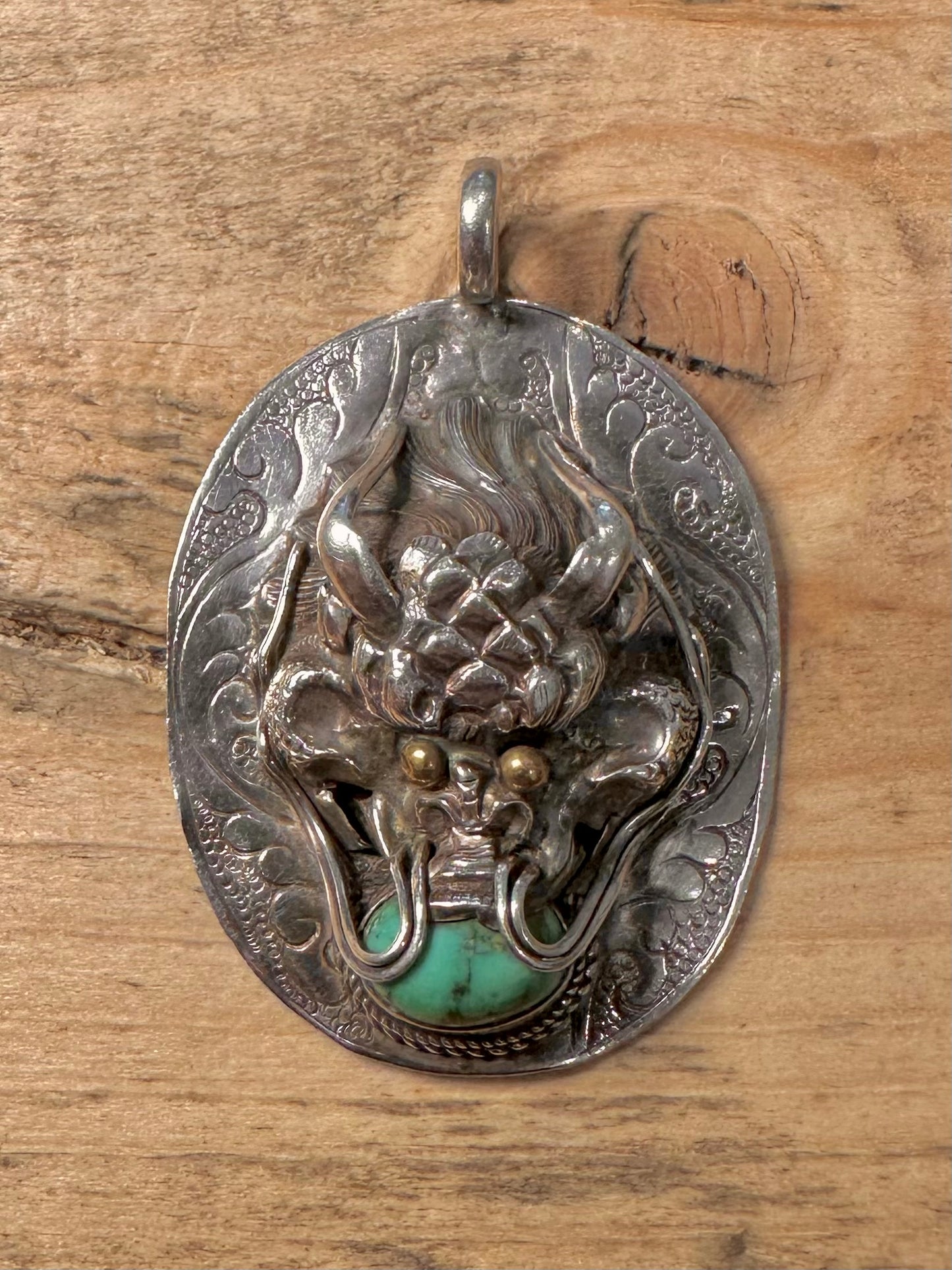 Vintage Dragon Turquoise Gold Eyes 925 Silver Pendant