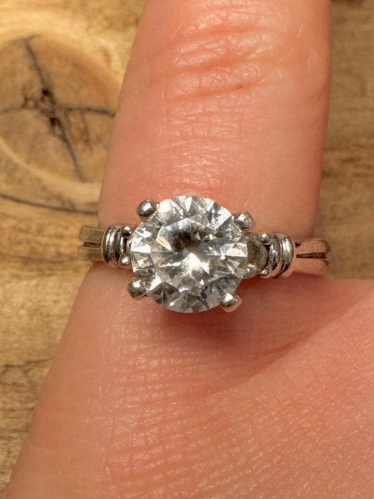 Vintage Large White DQCZ Stone 925 Silver Size M1/2 Ring
