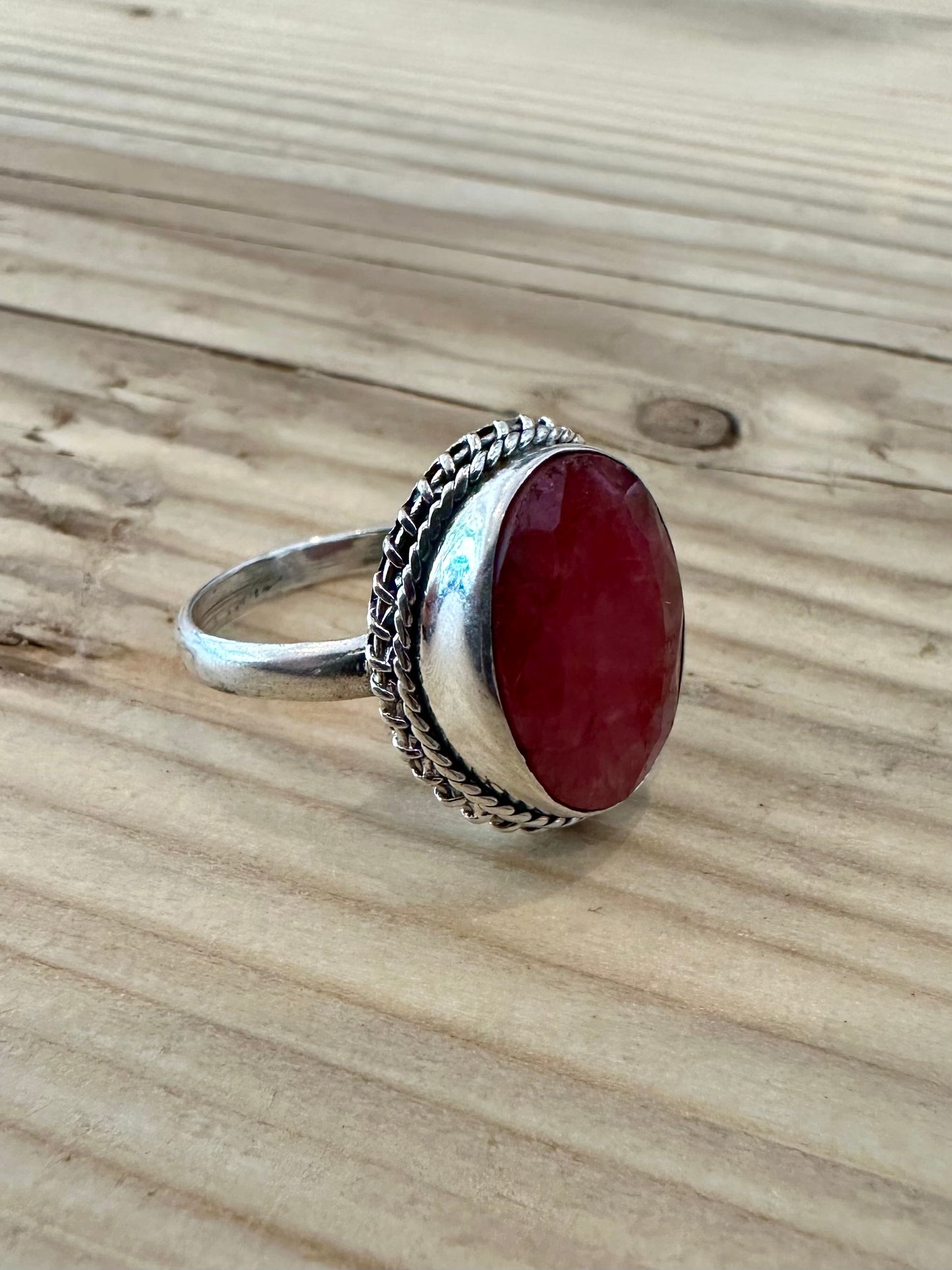 Vintage Red Faceted Tribal 925 Silver Size Q Ring