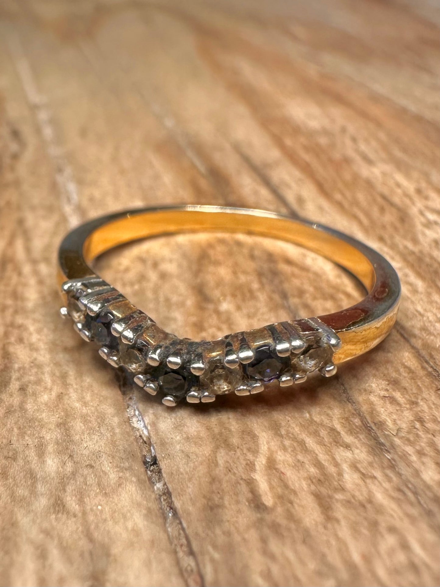 Vintage Wishbone White and Blue Stone Gold on 925 Sterling Silver Size M Ring